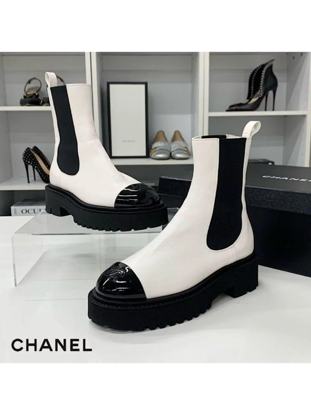 Chanel CC Logo Leather Patent Side Gore Short Boots White